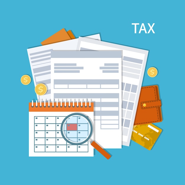 Tax payment. Government, State taxes. Payment day. Tax form, financial calendar, magnifying glass, money, gold coins, purse, credit card, invoices. Payday .  illustration.