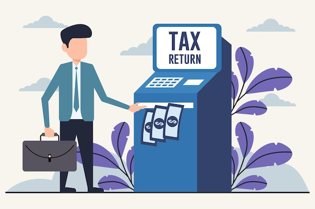 Tax Return Illustration Business Professional Using Automated Machine for Refund