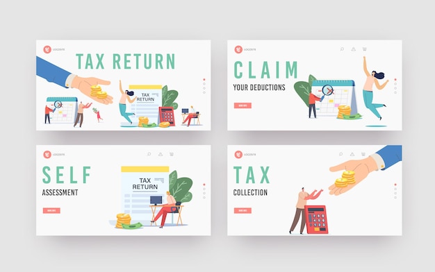 Tax Return Landing Page Template Set. Characters Get Money Refund for Purchasing, Mortgage or Health Care Service. People Save Budget, Huge Hand Give Money to Girl. Cartoon Vector People Illustration