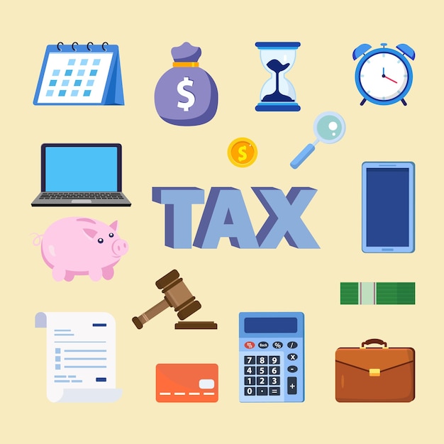 Tax vector concept Tax word with gavel money and digital device Flat vector