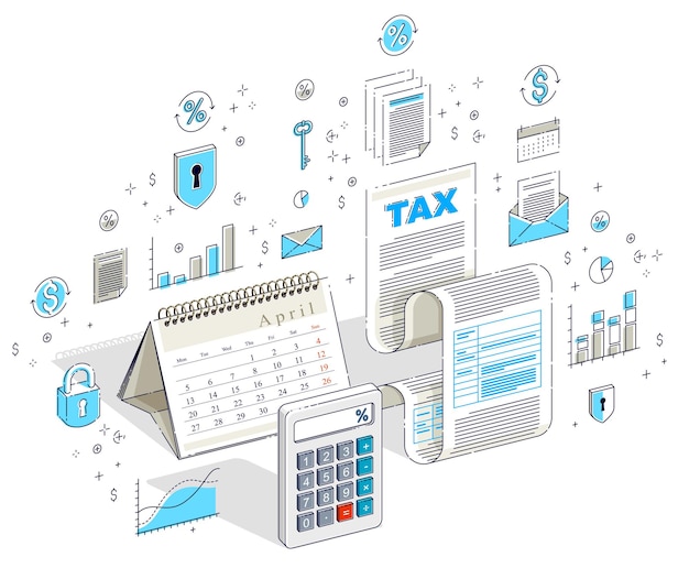 Vector taxation concept, tax form or paper sheet legal document with calculator and calendar isolated on white. isometric 3d vector finance illustration with icons, stats charts and design elements.