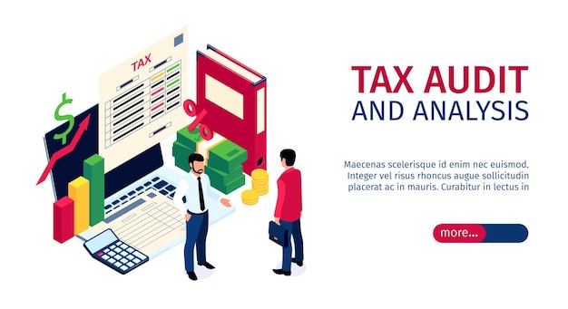 Taxes audit and analysis horizontal banner with businessman and tax inspector characters at balance sheet background isometric vector illustration