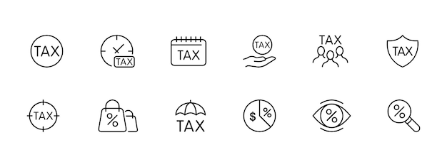 Taxes set icon Payment taxpayer pay dollar sign pie chart counting house accounting currency calendar percent aim eye clock Business concept Vector black set icon on a white background