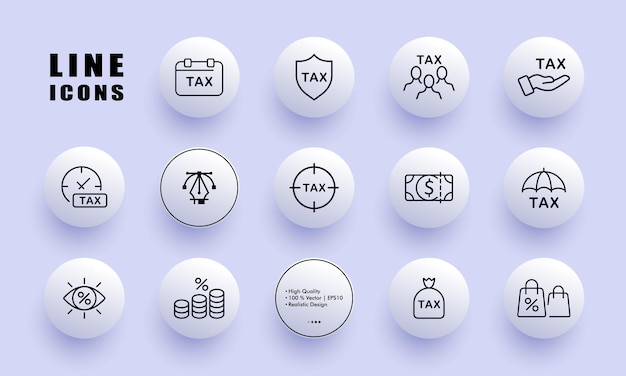 Taxes set icon Time to pay protection shield people hand clock transparent no hidden fees coin money bag percent umbrella Business concept Neomorphism Vector line icon for Business