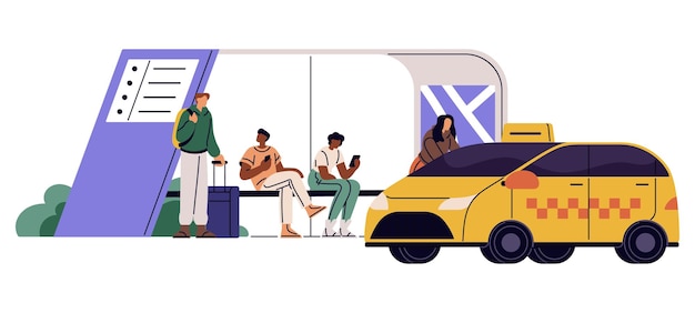 Taxi arrives at modern bus stop Passengers waiting public transport at station Person gets into car cab Urban vehicle City infrastructure Flat isolated vector illustration on white background