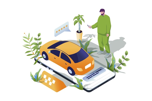 Taxi booking web concept in 3d isometric design People using taxi application for online rental car Man passenger waiting yellow auto for delivering to destination Vector web illustration