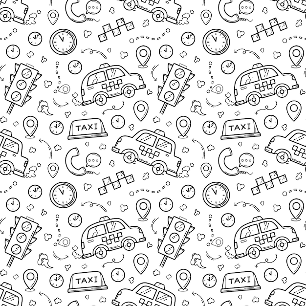 Taxi and cab seamless pattern in the doodle hand drawn style