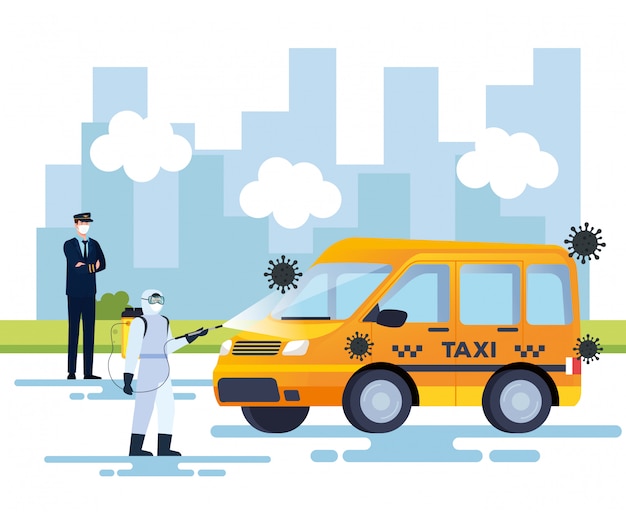 Taxi car disinfection service, prevention coronavirus covid 19, clean surfaces in car with a disinfectant spray, person with biohazard suit  illustration design