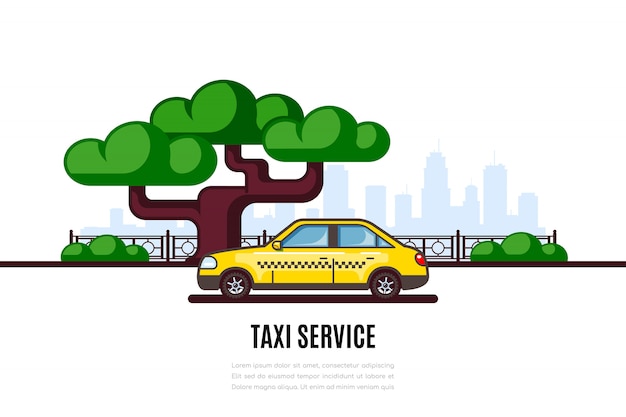 Taxi car parking along the city street. Taxi service flat style concept banner.