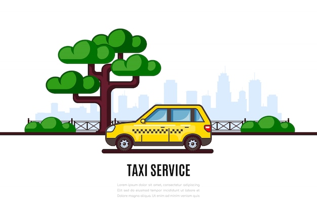 Taxi car parking along the city street. Taxi service flat style concept banner.