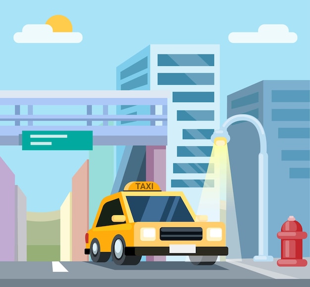 Taxi in The City at Day Time scene illustration vector