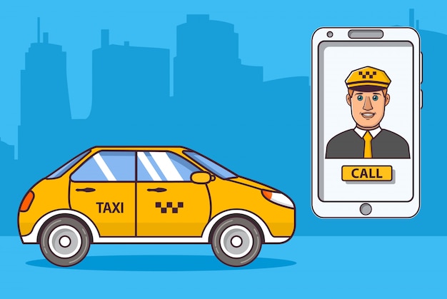 Taxi driver car.Application smartphone.Yellow cab taxi.Vehicle city urban.