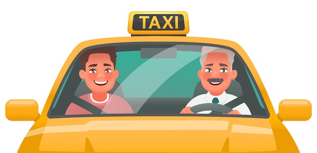 Taxi driver man and passenger ride in a yellow car. Online ordering taxi services through the application. Vector illustration in cartoon style