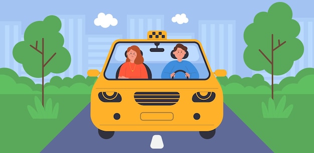 Taxi driver and passenger sitting in front seat of cabin. Male chauffeur driving yellow vehicle on country road flat vector illustration. Public transport ride, travel, transportation concept