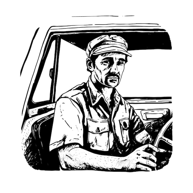 Taxi driver vector drawing Isolated hand drawn engraved style illustration