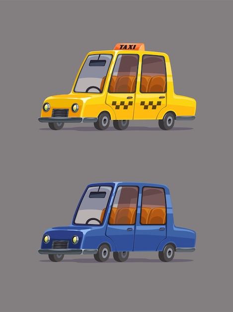 Taxi and family vehicle. Retro cars set. Cartoon style. 