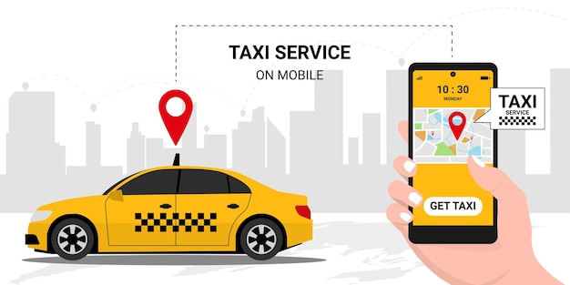 Taxi online service concept Yellow taxicab and hand holding phone with application get a taxi on screen background Order a taxi online Isometric Vector illustration