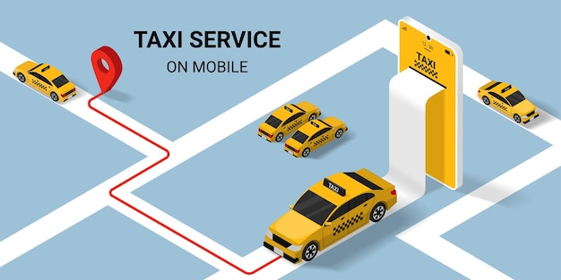 Taxi online service concept yellow taxicab and with road and location on mobile application Isometric Vector illustration