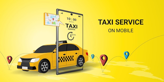 Taxi online service on mobile application with yellow taxicab and location Get a taxi Concept for order taxi service 3d perspective vector illustration on yellow background