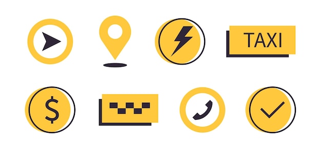 Taxi order online service icons set Icon urban taxi service Cab map pointer cab signs Checkers pin gps point fast sign bolt Vector illustration isolated on background