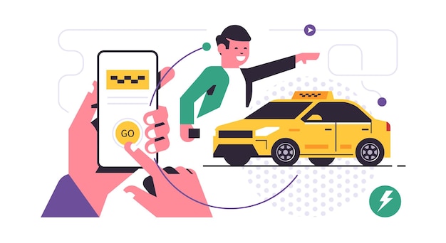 Taxi ordering service mobile application concept A hand holding a phone with booking a taxi on the display Urban cab service Yellow car happy man Flat vector illustration