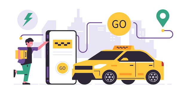 Taxi ordering service mobile application concept Phone with application for ordering a taxi on display Transportation of people by car Man with a suitcase yellow car city line icon sign