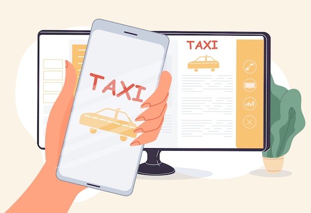 Taxi rent order online service. Cab booking mobile application interface. Carsharing app. Woman hand holding smartphone near computer monitor screen. Auto model choice, car map navigation