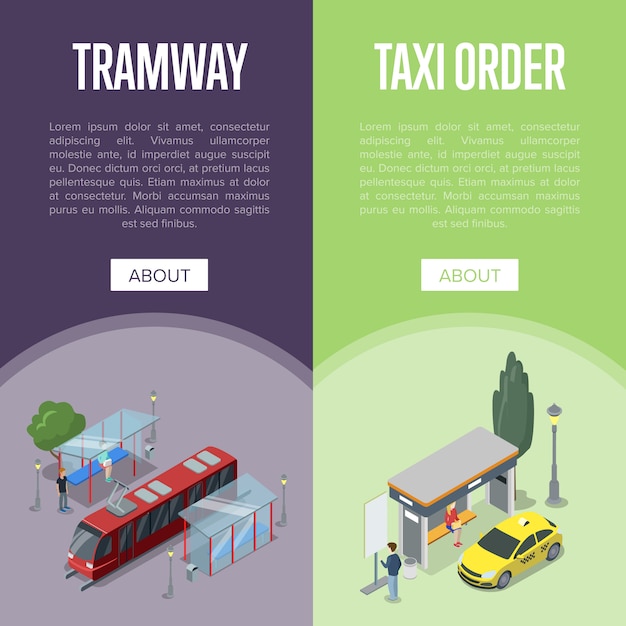 Taxi and tramway station isometric 3D posters