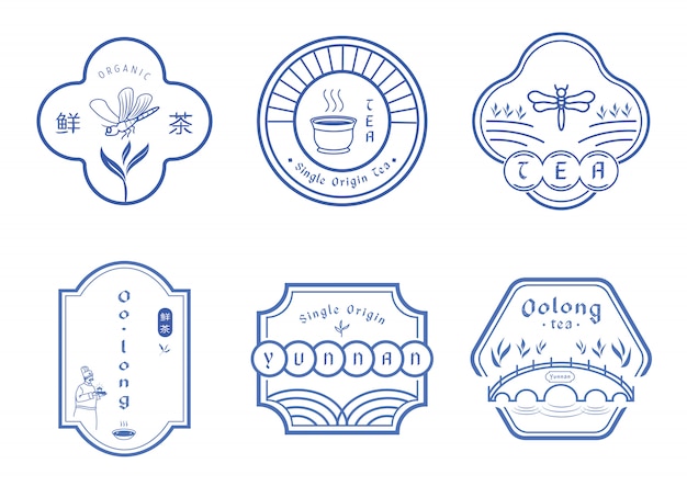 Tea badge design with chinese blue pattern style