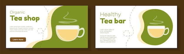 Tea bar online banner template set, healthy warm beverage advertisement sign, cup of tea horizontal