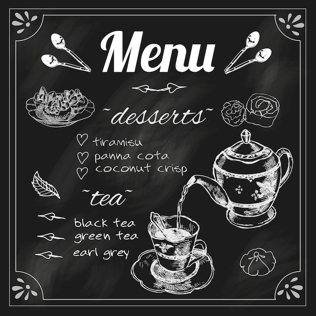 Tea cafe blackboard menu for black herbs blend teapot with dessert chalk sketch vector illustration