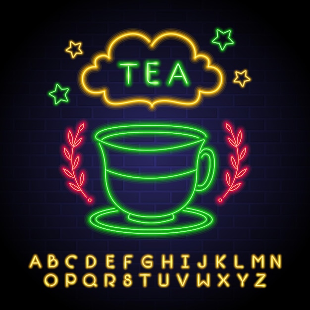 Tea cafe symbol logo with neon light glow element