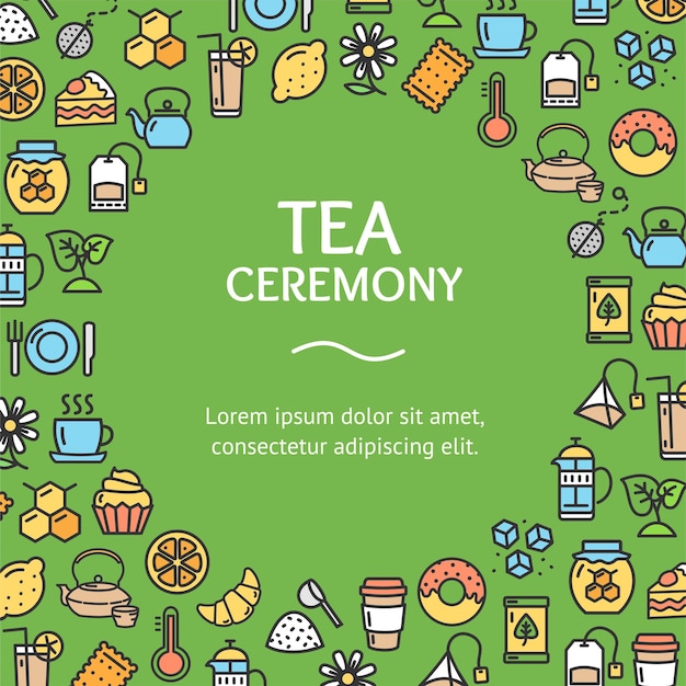 Tea Ceremony Round Design Template Line Icon Concept Vector