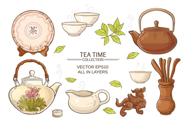 Tea ceremony vector set on color background