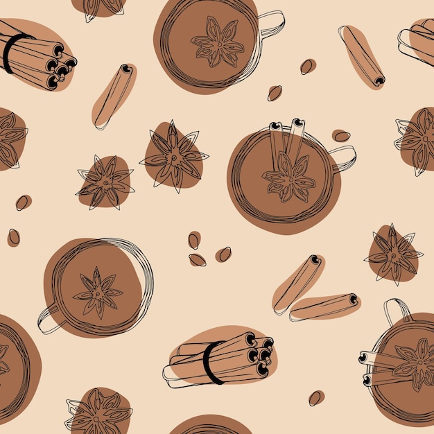 Tea cinnamon and star anise seamless background