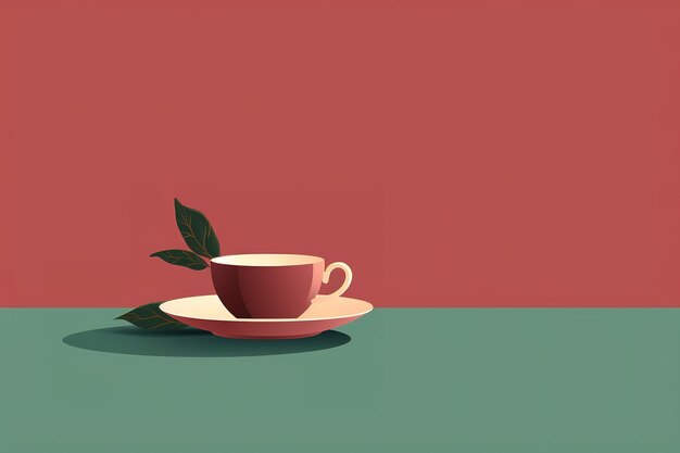 Vector a tea cup and saucer with a leaf on the side