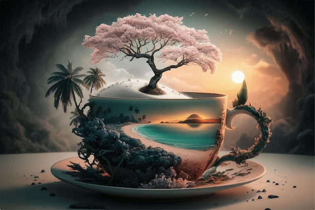 Vector a tea cup with a tree on the bottom and a picture of a tree on the bottom