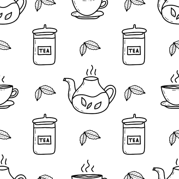 Tea drinking theme doodles vector seamless pattern background