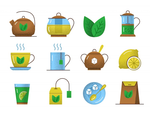 Tea icons with retro texture