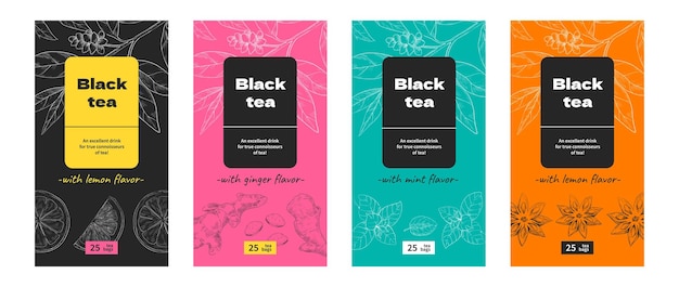 Vector tea label design black and green teabags with various tastes mint or ginger citrus and anise drink flavors layout packaging template plant sketches and lettering vector food products boxes set