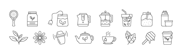 Tea line art icon set design template vector illustration