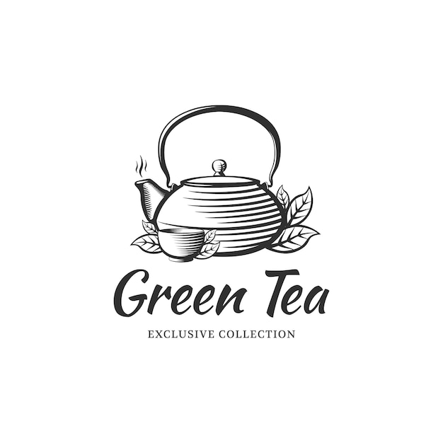 Tea logo design template for cafe, shop, restaurant. Kettle and bowl in the style of engraving.