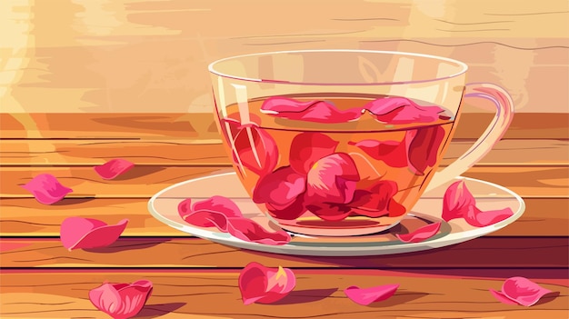 Vector tea made from tea rose petals in a glass bowl on wood