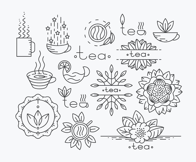 Tea mono line elements for menu, package, contour flat logo, emblems. Herbal and floral decorations.