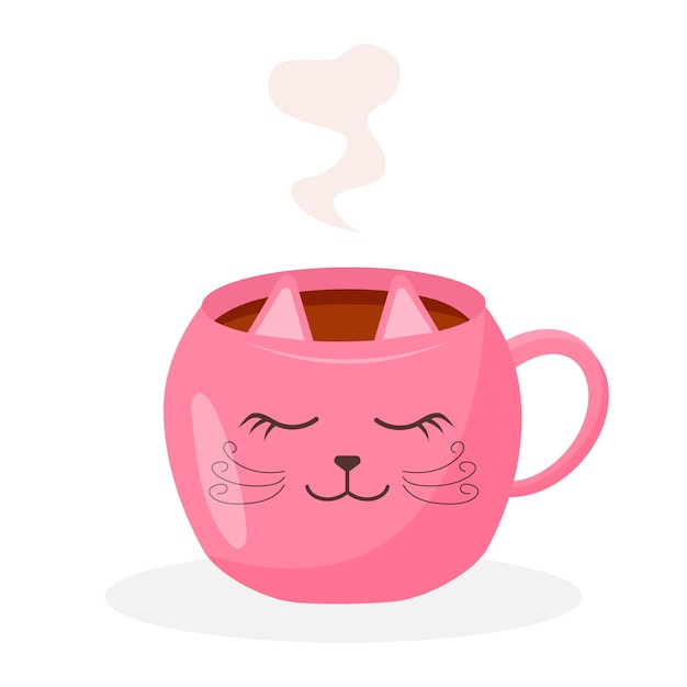 Tea mug with steam Pink cup in the shape of a cat Cute hot drink isolated on white background