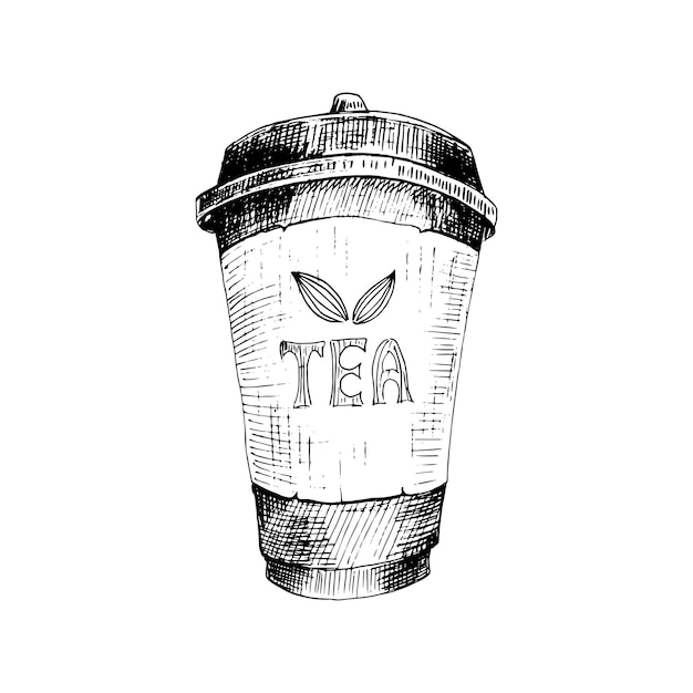 Tea paper cup. Hand-drawn sketch. Disposable to go cup with lid Vector illustration, isolated on a white