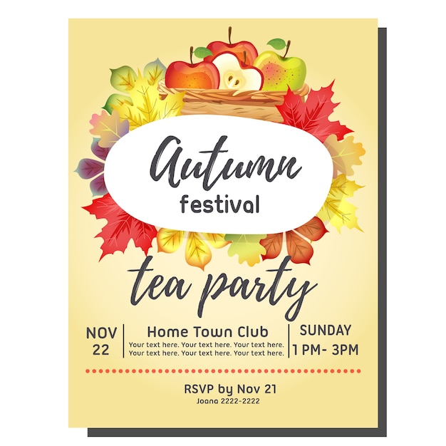 Vector tea party autumn invitation card with basket of apple