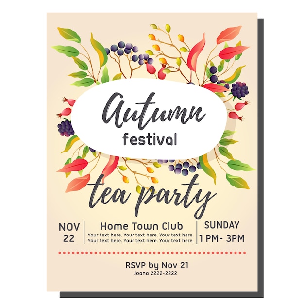 Vector tea party autumn invitation card with festival leaves