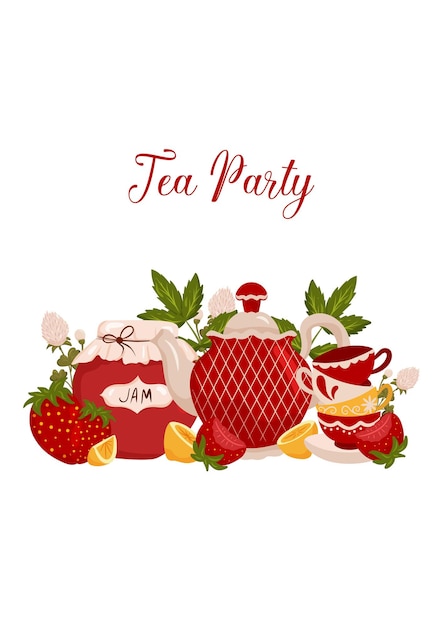 Vector tea party postcard with jam jar strawberries teapot cups clover and lemon