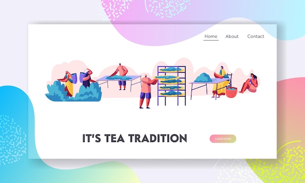 Tea Pickers Website Landing Page. Male and Female Characters in Traditional Indian Clothes Collecting Fresh Tea Leaves on Plantation.